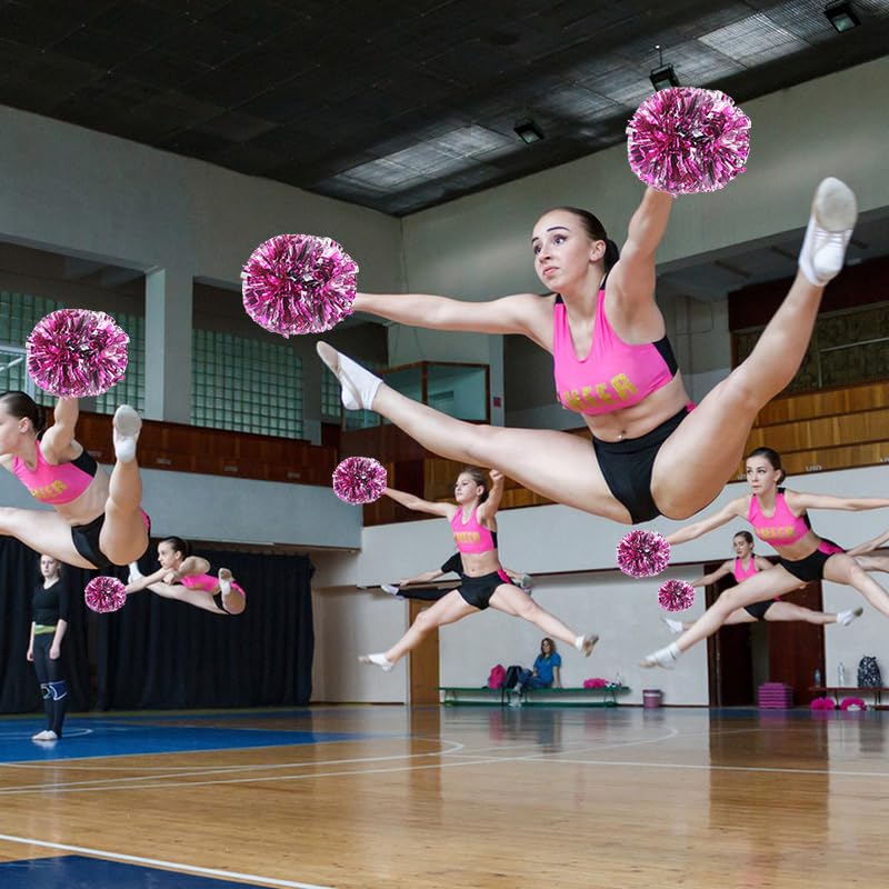 Hooshing 2PCS Pink and Silver Cheerleading Pom Poms with Baton Handle for Team Spirit Sports Dance Cheering - Image 5